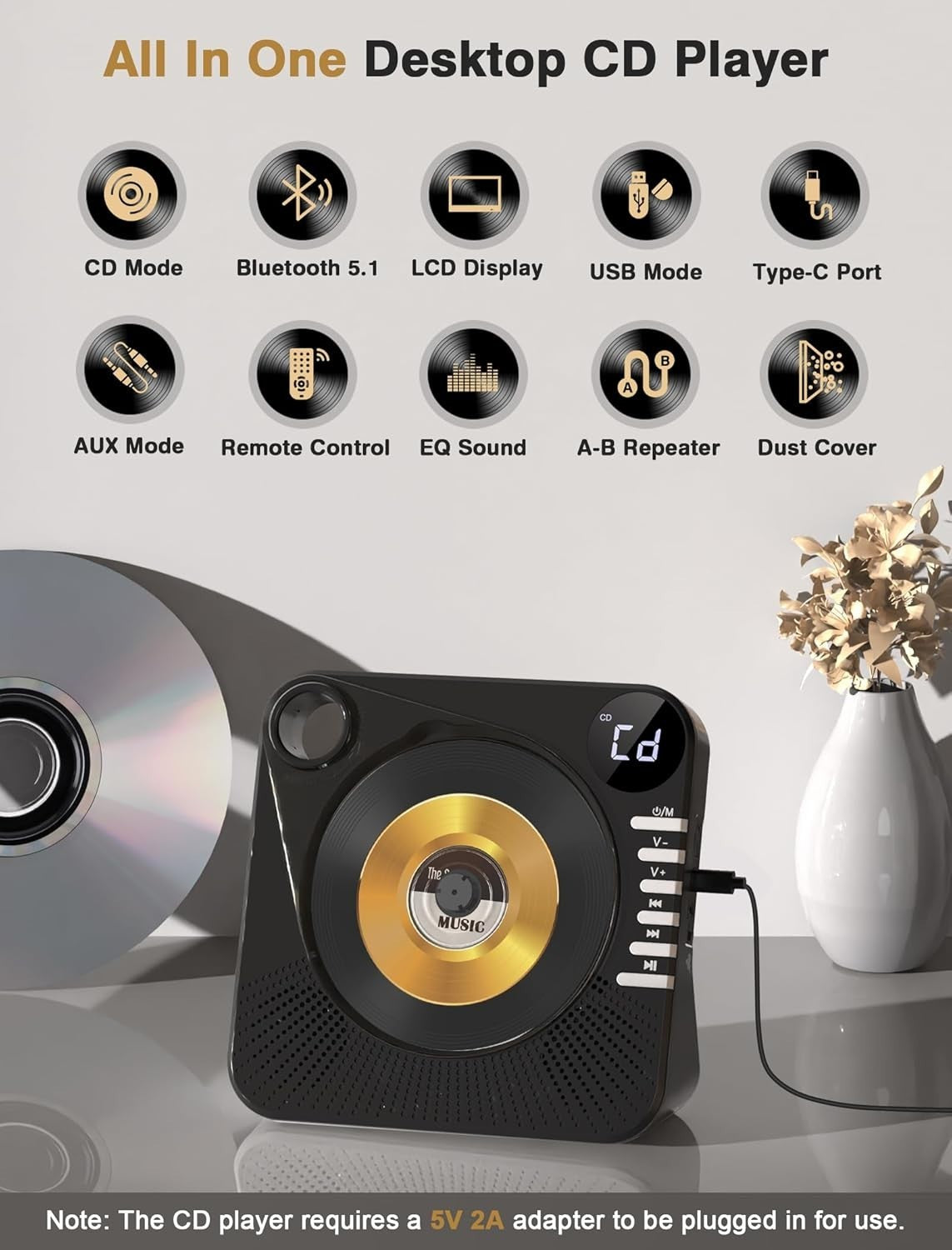 Bluetooth 5.1 CD Player w Speakers LED Display Remote USB AUX Black