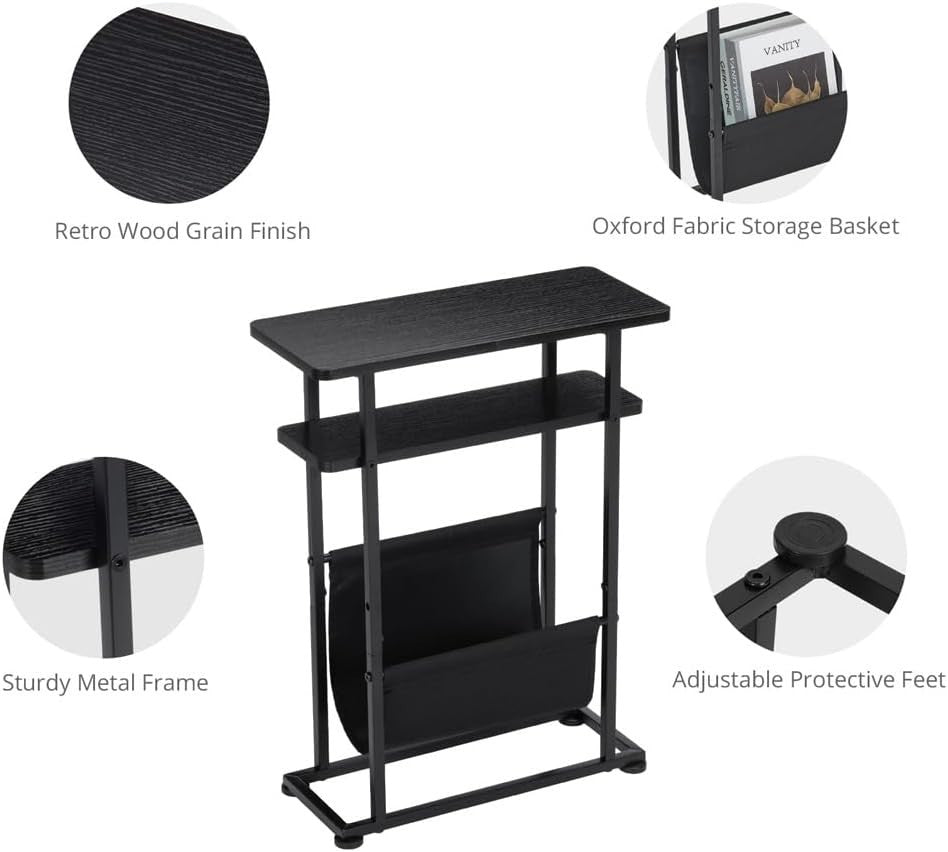 Slim Industrial Side Table with Magazine Holder & Adjustable Feet for Small