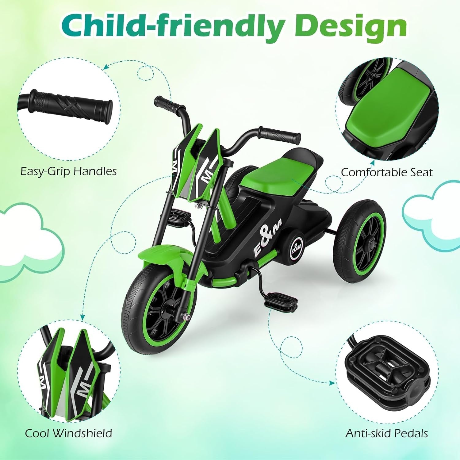 Kids Tricycle 3 Wheel Balance Bike Anti Slip Pedals Green Age 3+