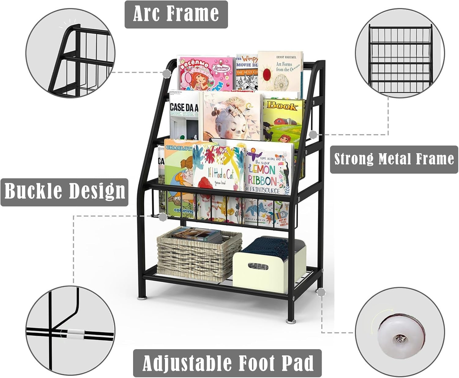 Kids Bookcase & Toy Organizer Shelf – Durable Metal, Space-Saving Leaning Rack