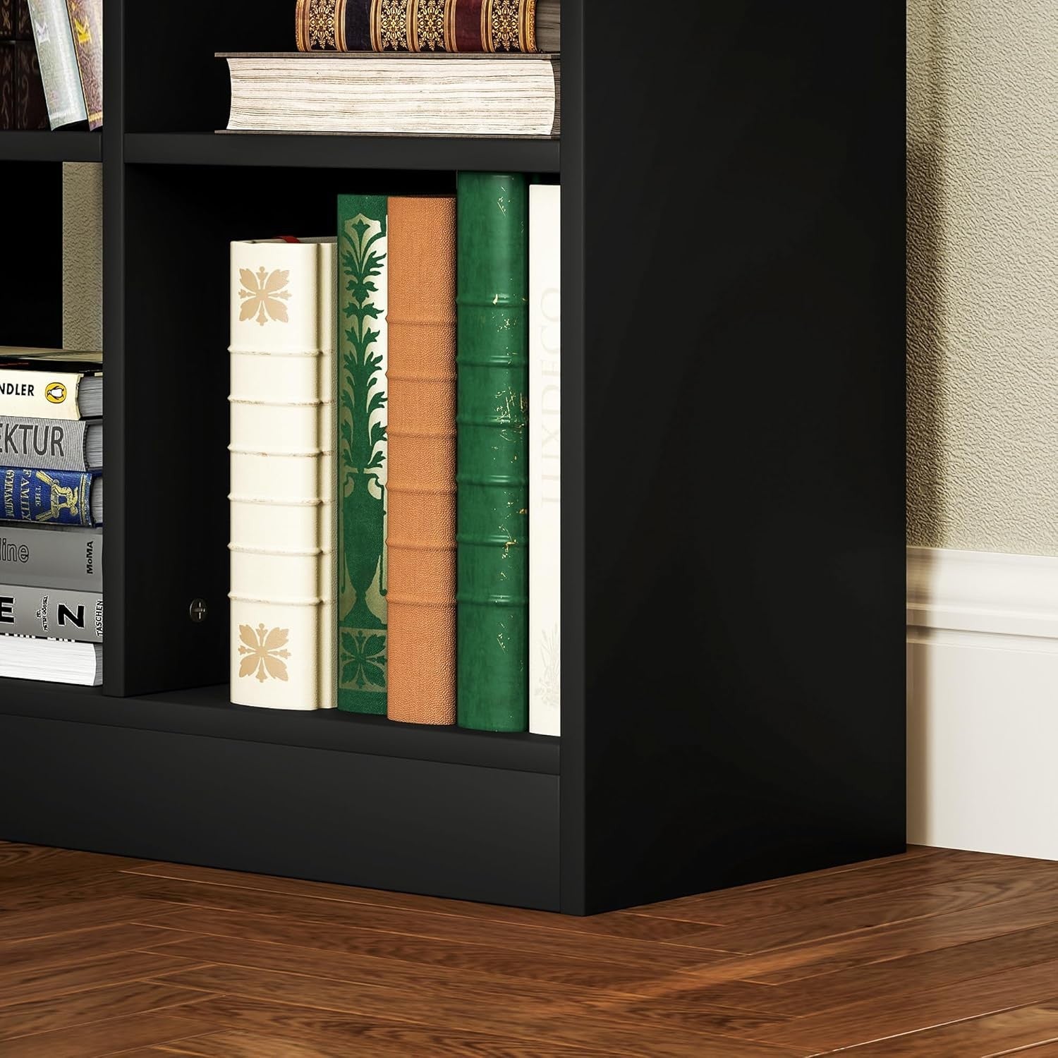 Tall Black Bookcase with Drawer & Open Shelves – Modern Freestanding Storage