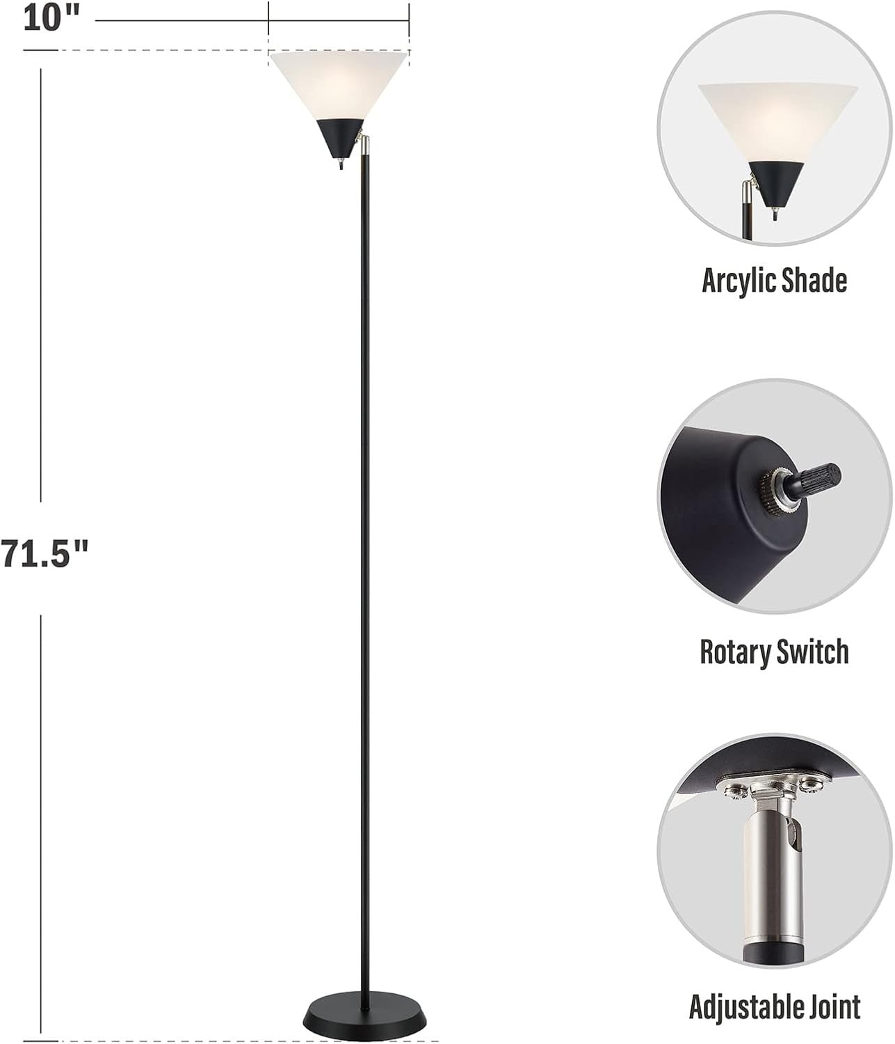 Torch Floor Lamp Rotatable Head White Shade Tall Standing Light for Living Room