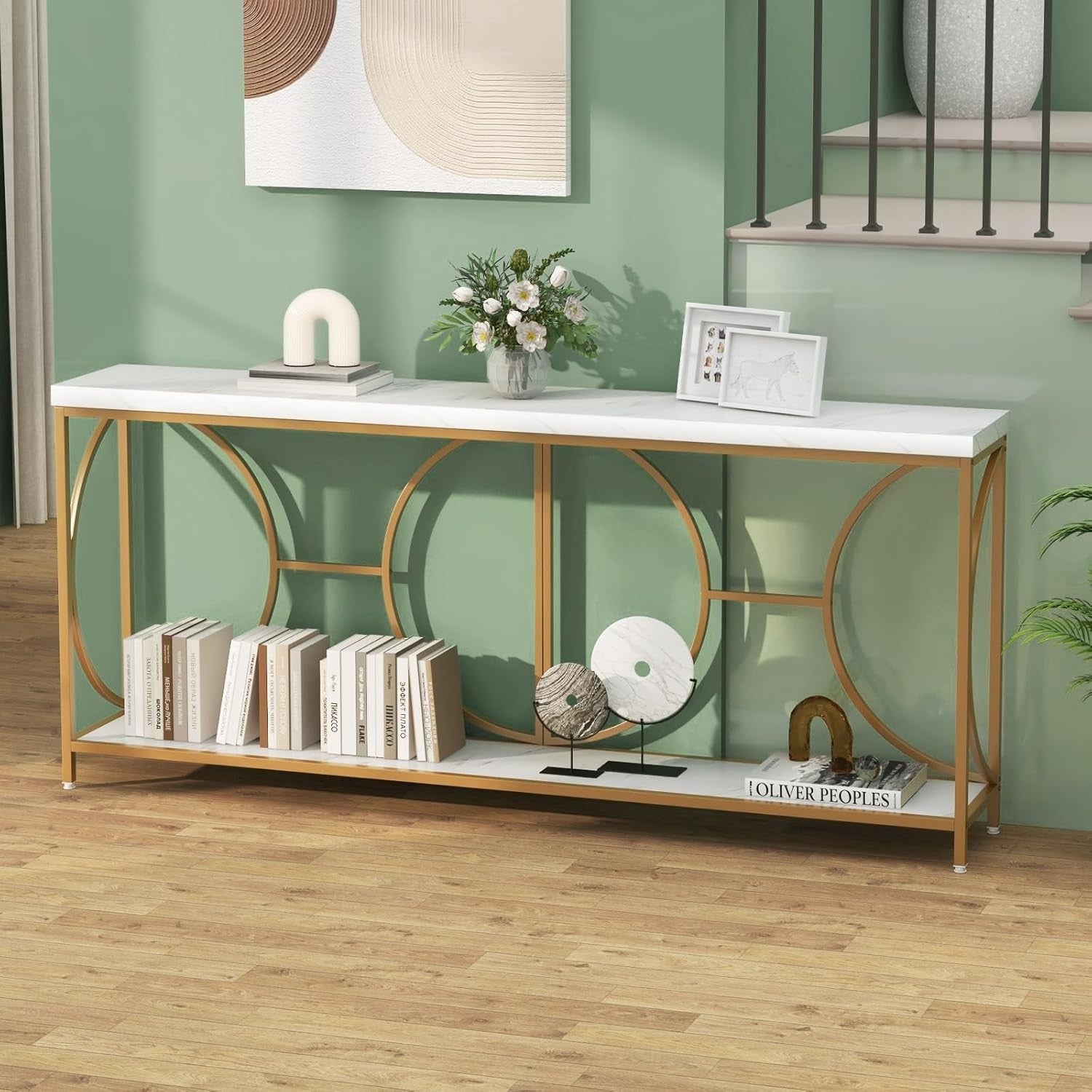 Slim 2-Tier Console Table with Storage Shelf & Faux Marble Top, Gold