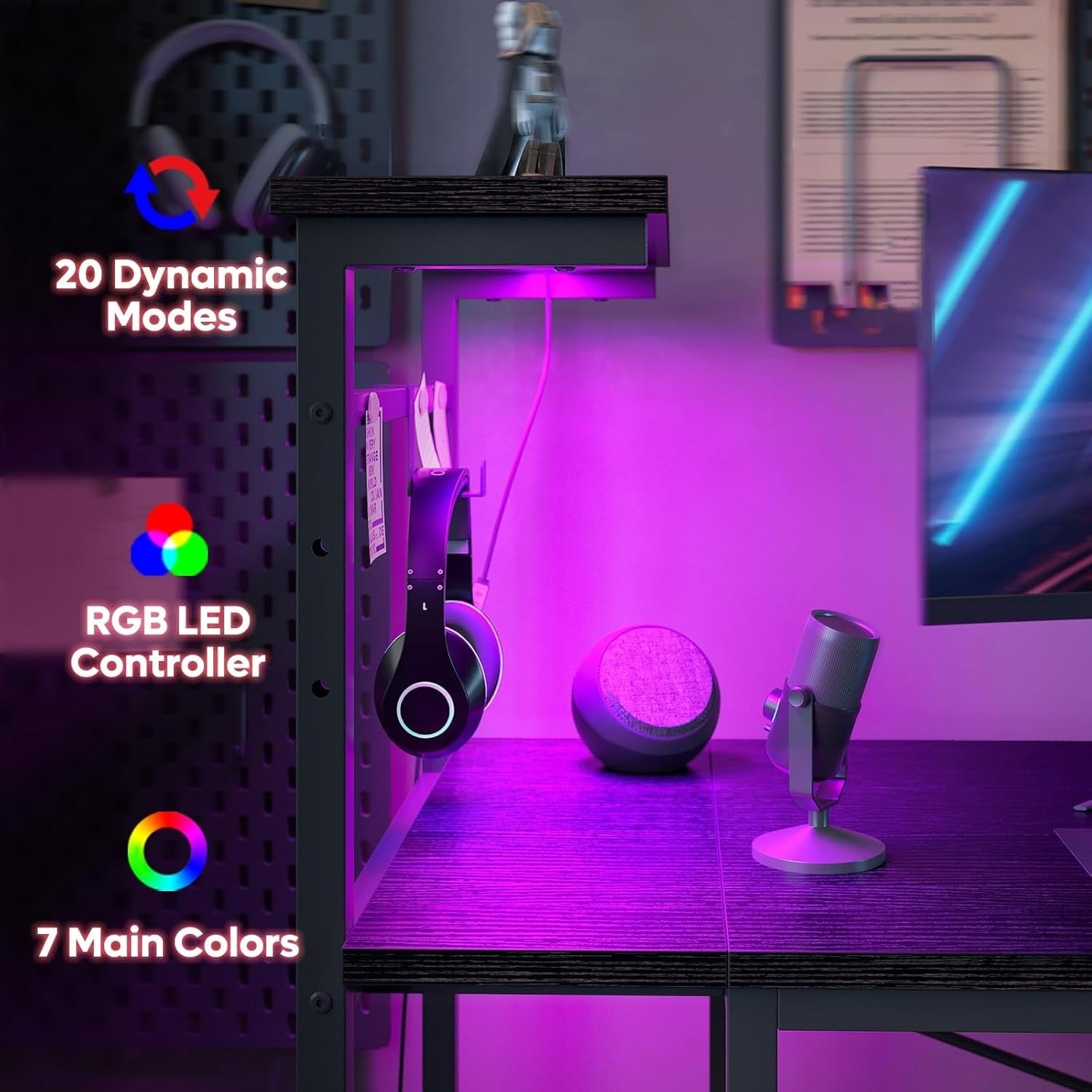 Black 140cm Reversible Gaming Desk w/LED Lights & Storage Shelves