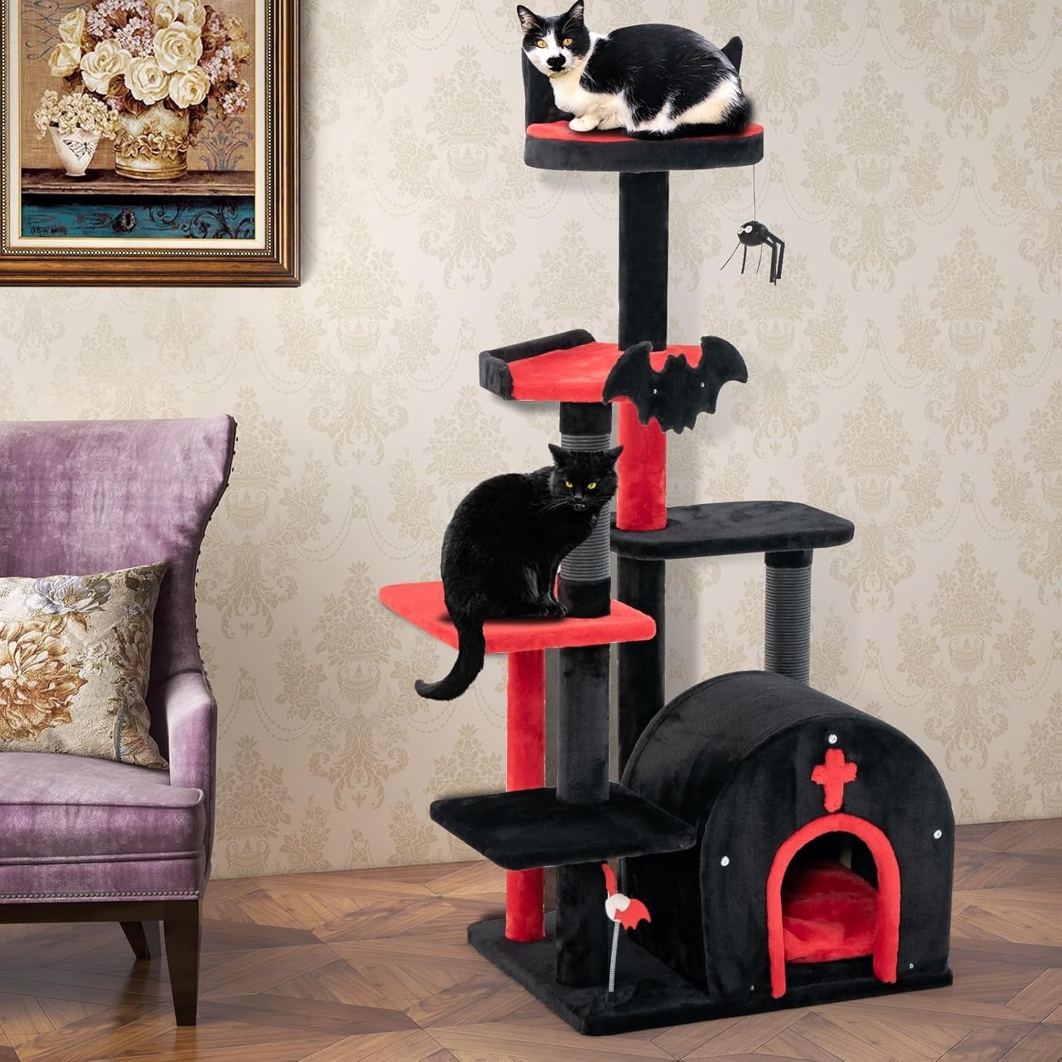 Gothic Cat Tree Tower 134cm Multi Level Scratcher Condo with Toys