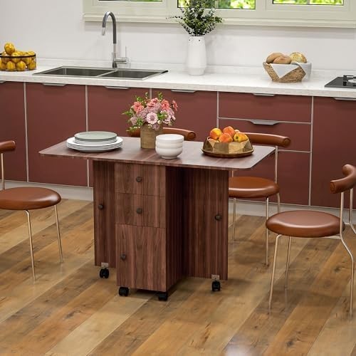 Folding Drop Leaf Dining Table on Wheels with Storage Drawers Cabinet Distressed