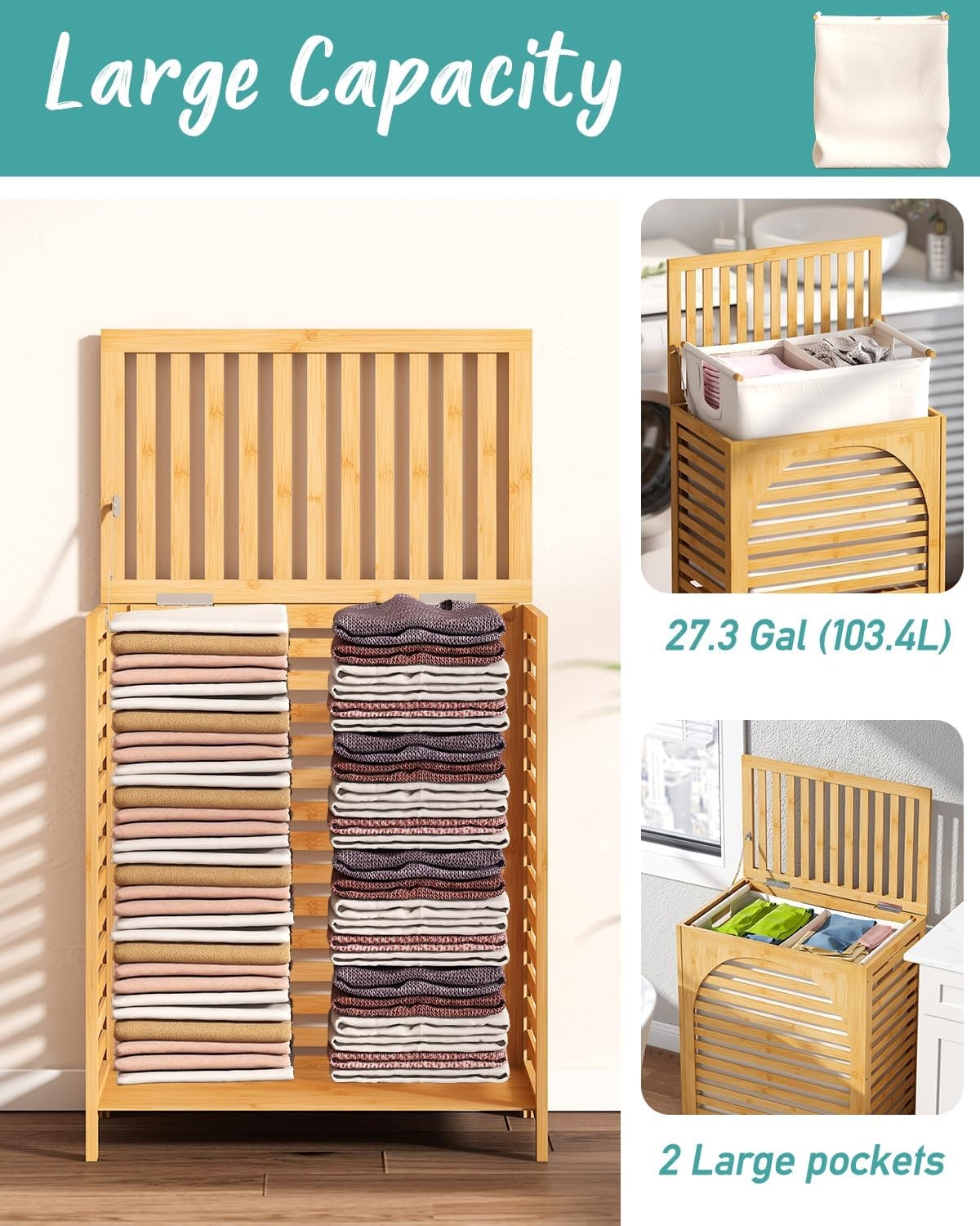 Natural Bamboo Laundry Hamper XL 103L with Lid & Removable Liner | Ventilated Ba