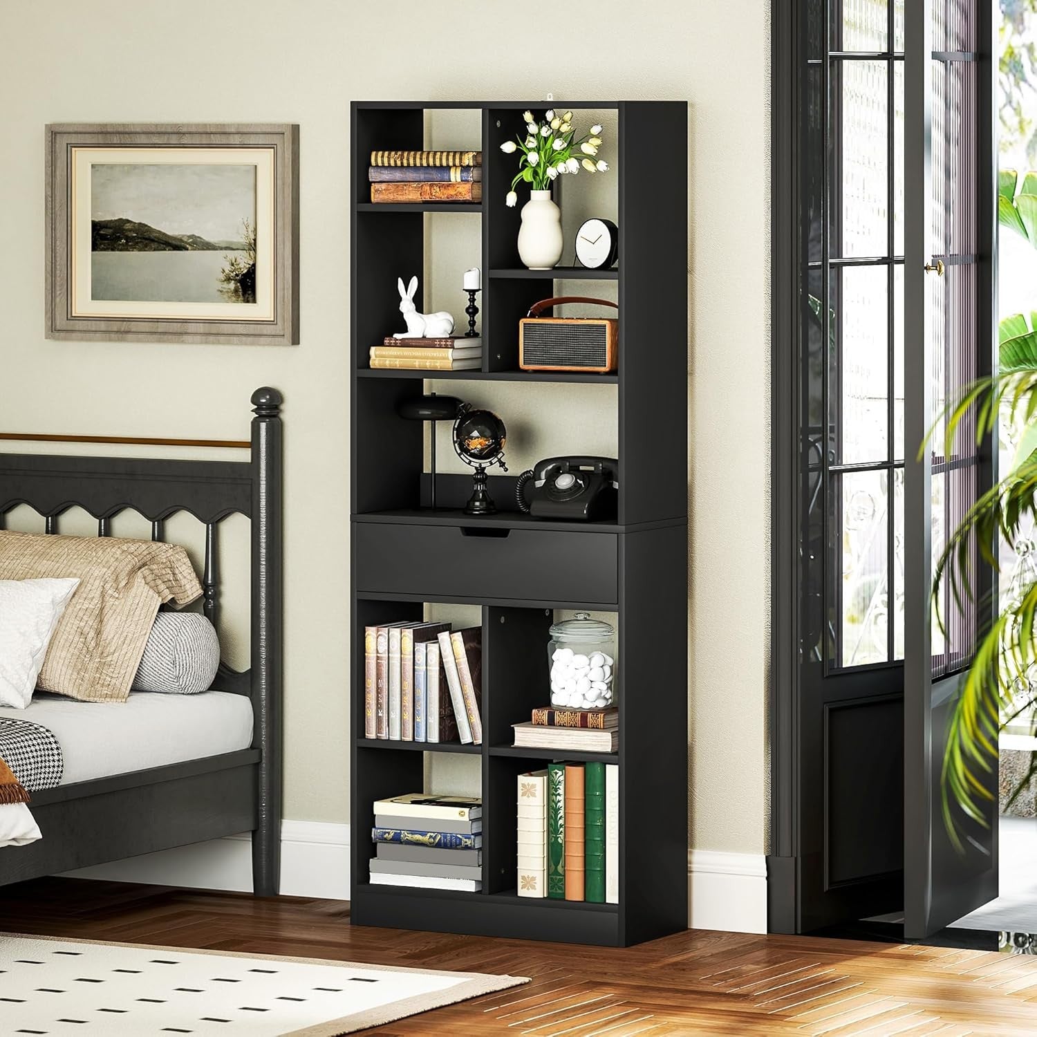 Tall Black Bookcase with Drawer & Open Shelves – Modern Freestanding Storage