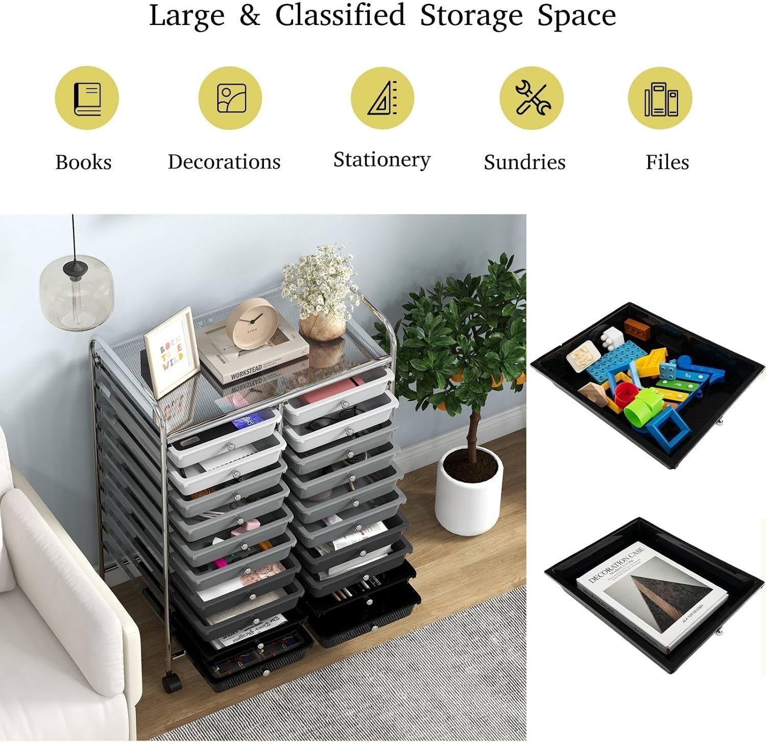 Gradient Black 20 Drawer Rolling Storage Trolley Utility Organizer Cart