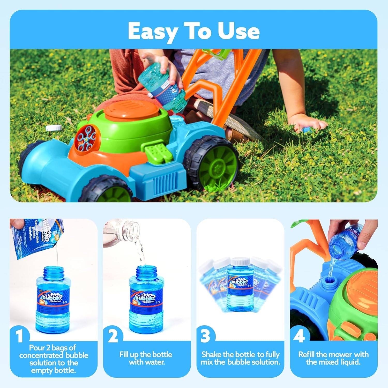 Bubble Lawn Mower Toddler Push Toy Outdoor Bubble Machine Blue Kids