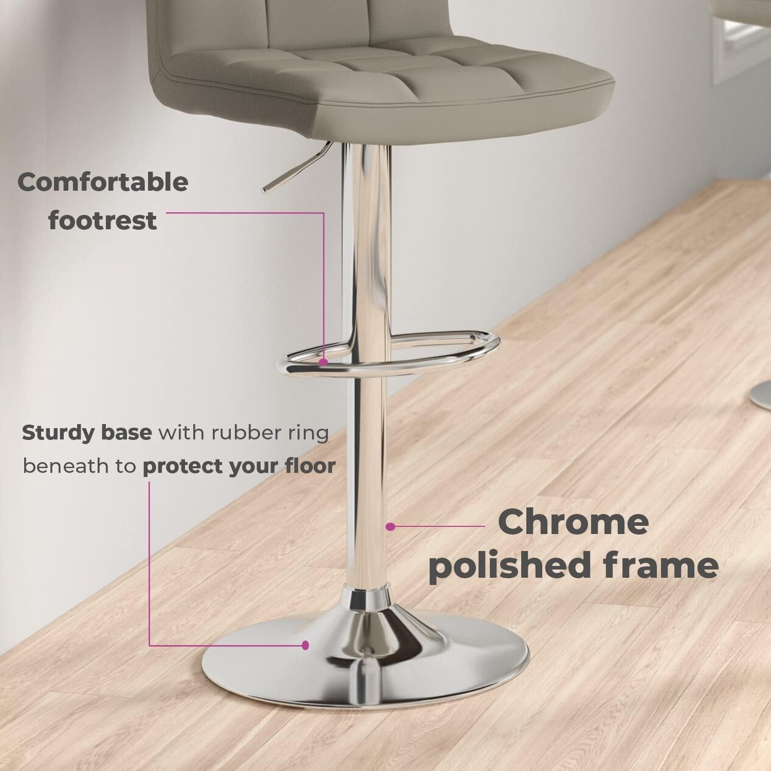 Adjustable Swivel Bar Stools Set of 2 | Grey Faux Leather Chrome