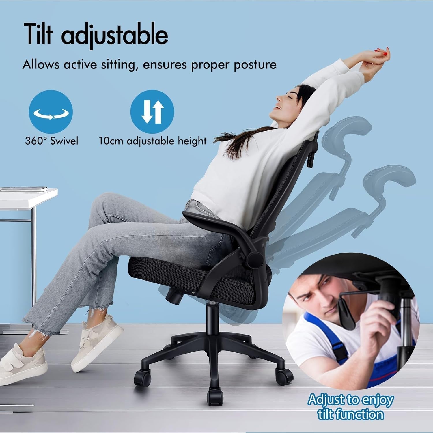 Ergonomic Mesh Office Chair Adjustable Desk Gaming Chair Flip-Up Arms Black 180k