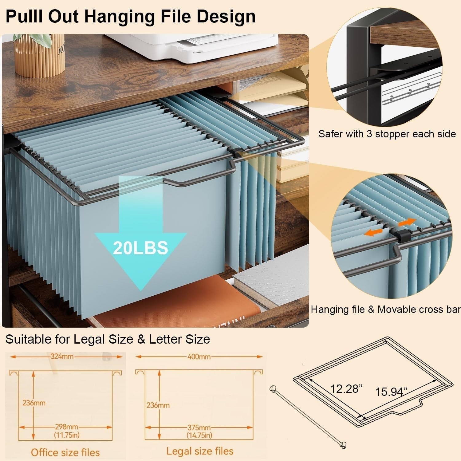 Rustic Brown Rolling Lateral File Cabinet Printer Stand Legal Letter