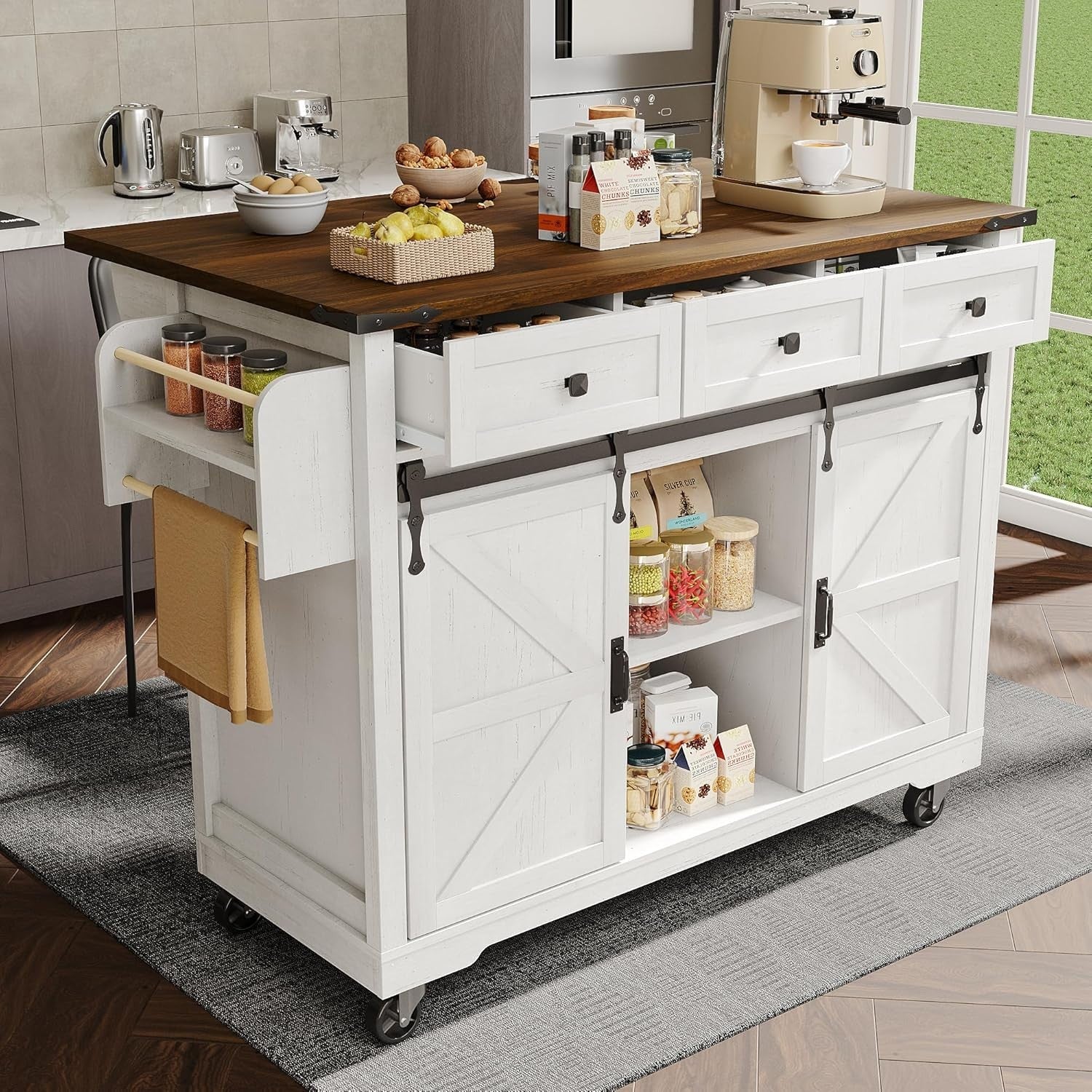 Kitchen Island Cart with Extendable Worktop, Sliding Doors & 3 Drawers