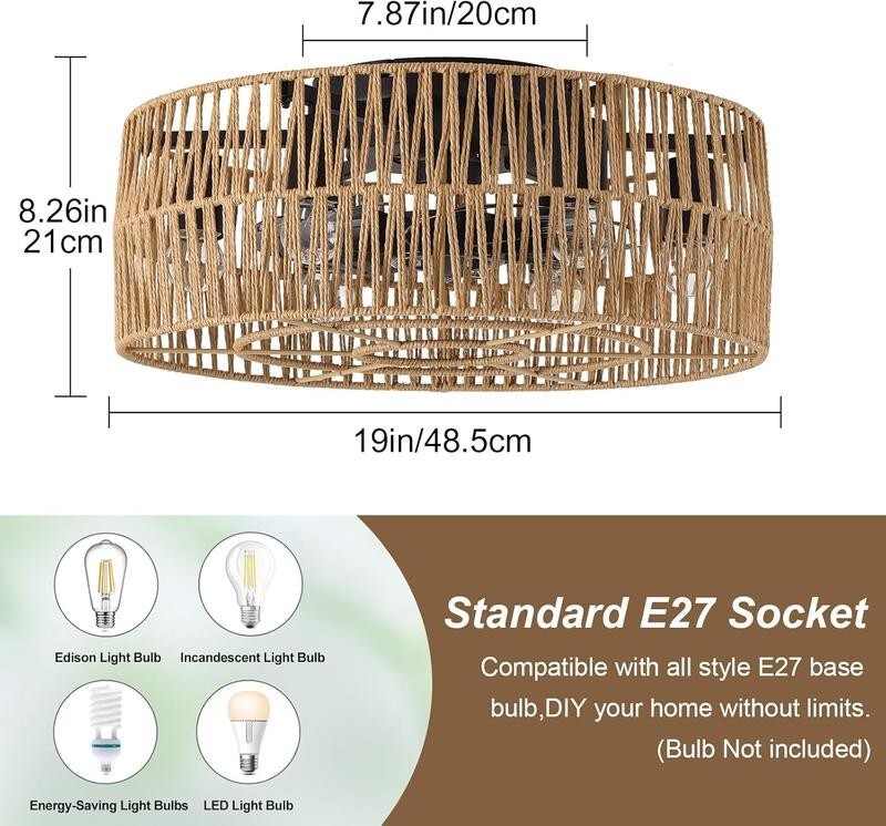 Boho Rattan Ceiling Fan Light Flush Mount E27 Remote 6-Light Rustic 50cm