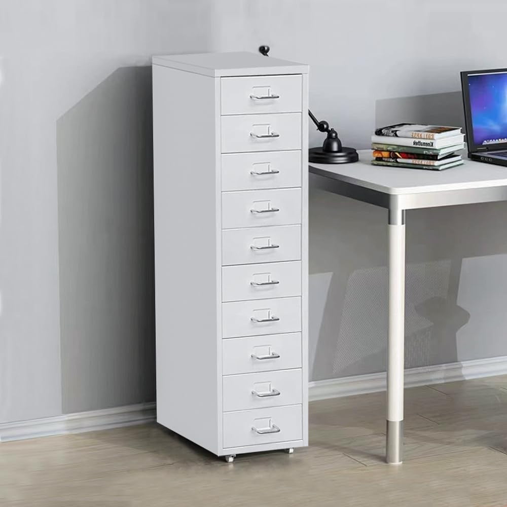 White Metal 10 Drawer Mobile Filing Cabinet Tall Office Storage on Wheels