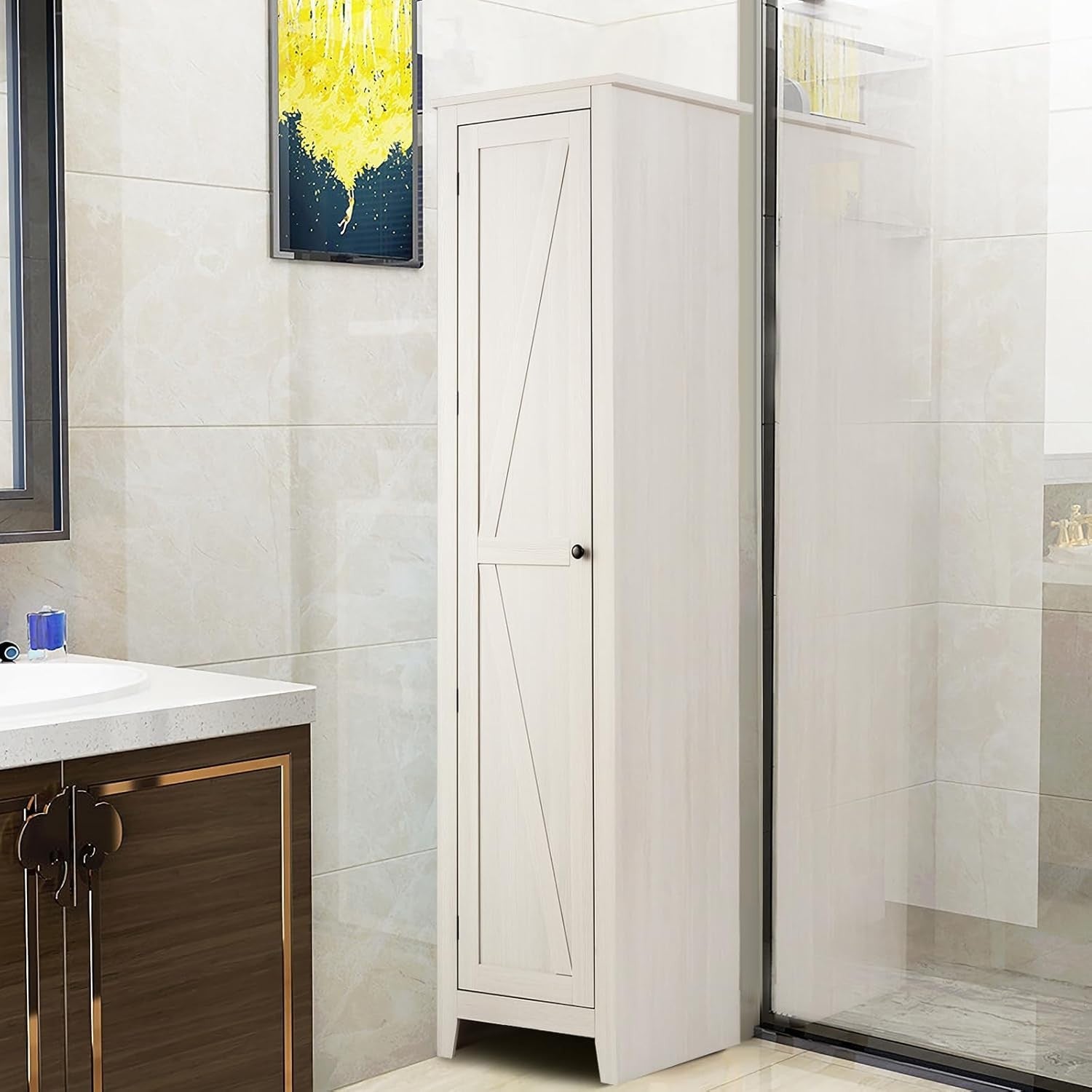 Tall Bathroom Storage Cabinet 4 Shelves, Narrow Wooden Cupboard 46x40x183cm