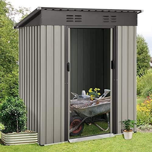 3x5ft Metal Garden Storage Shed Grey Outdoor Tool Bike Box Sliding Door