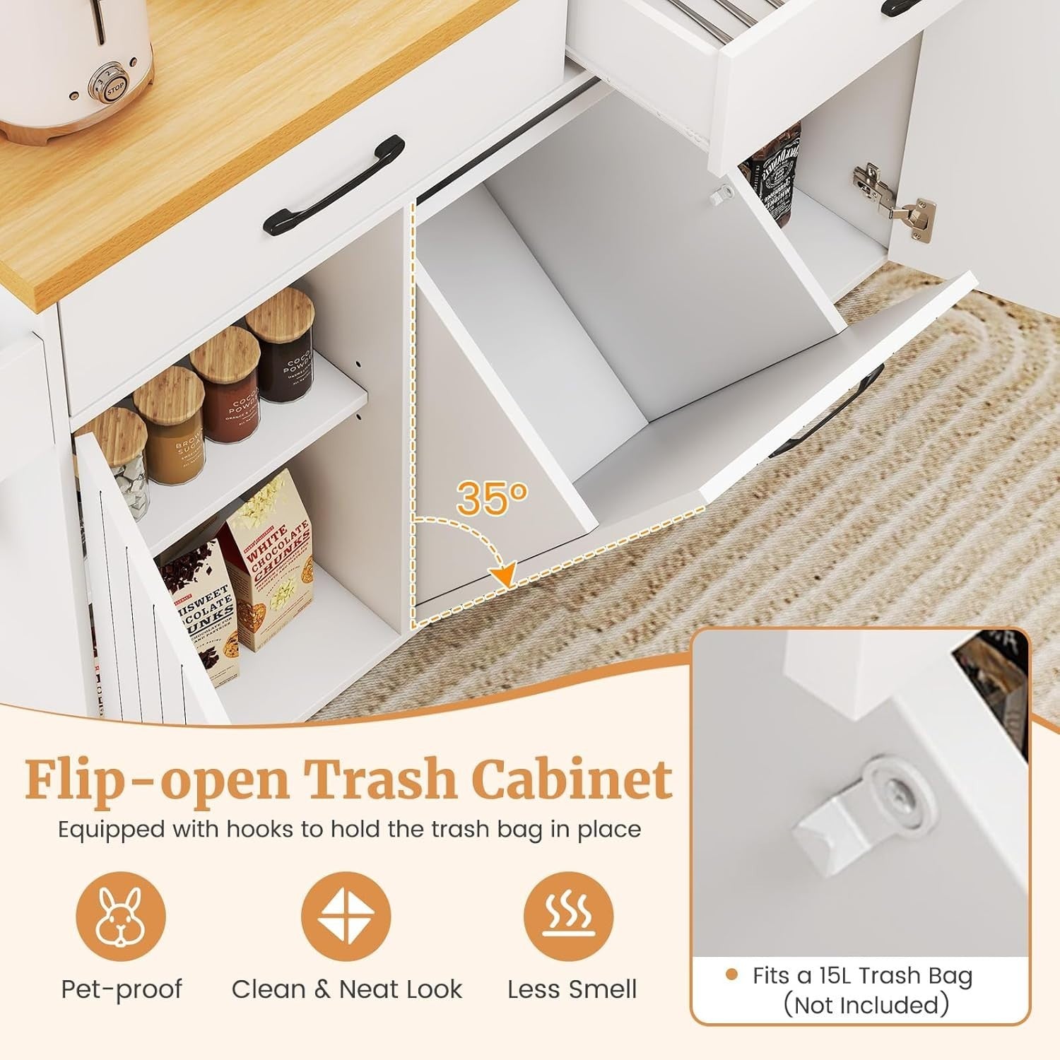 Mobile Kitchen Island Cart with Trash Storage, Adjustable Shelves.