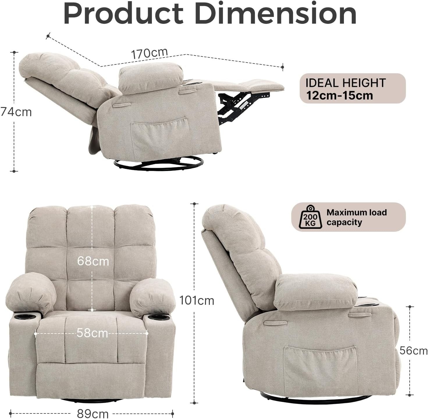 Recliner Chair Massage Heat Swivel Rocking Manual Footrest Cup Holders Beige