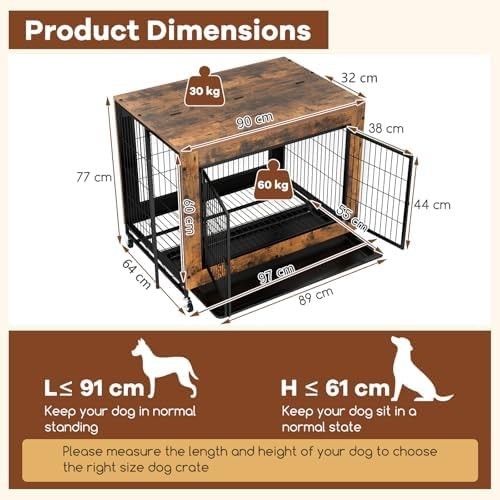 Indoor Wooden Dog Crate on Wheels with Pull-Out Tray & 3 Doors, Small/Medium