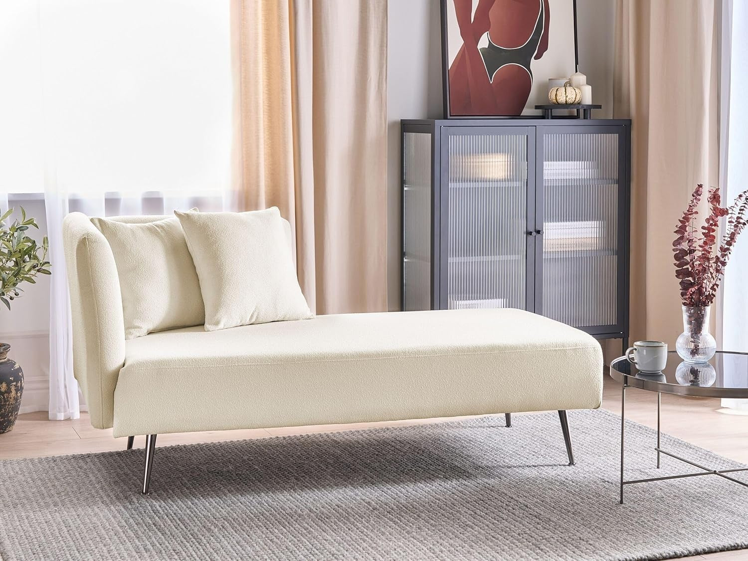 Modern White Boucle Chaise Lounge Left-Hand Sofa with Cushions 77cm Deep