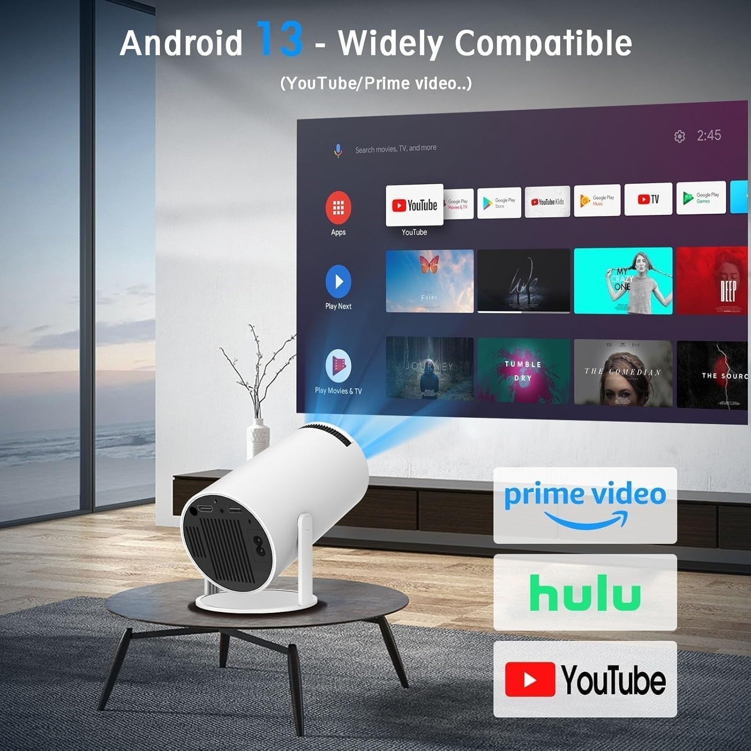 Android 13 Mini Projector 1080P WiFi Bluetooth Auto Keystone 180° 4K