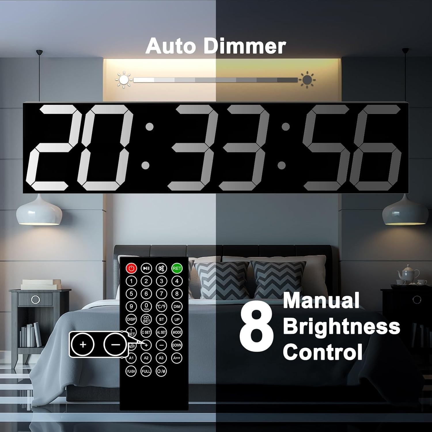 Oversized LED Wall Clock 27" Digital Timer Remote Date Temp Display white