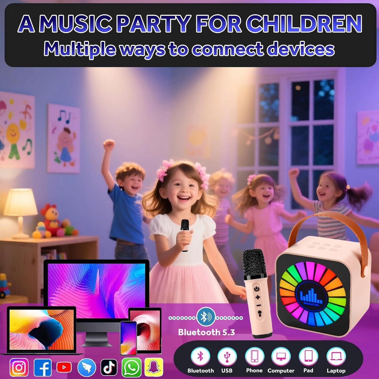 Pink Kids Karaoke Machine with 2 Wireless Mics LED Bluetooth
