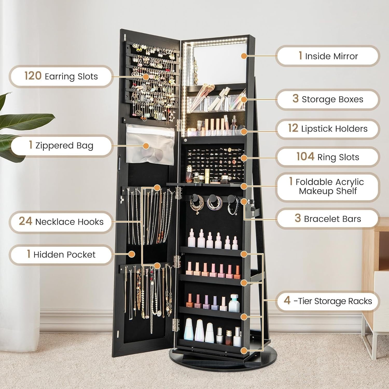 Black Rotating Jewelry Organizer LED Full Mirror Lockable Storage Unit