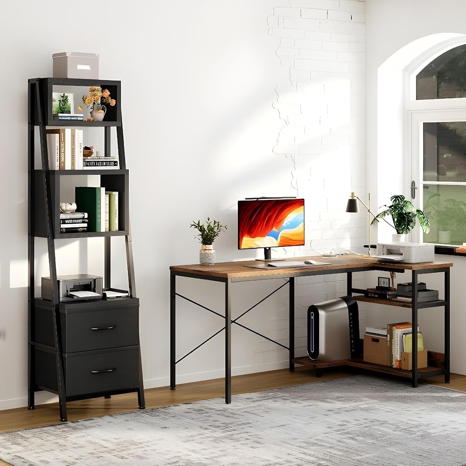 Narrow 5 Tier Bookcase with Drawers Tall Storage Shelf Unit Small Room Organiser