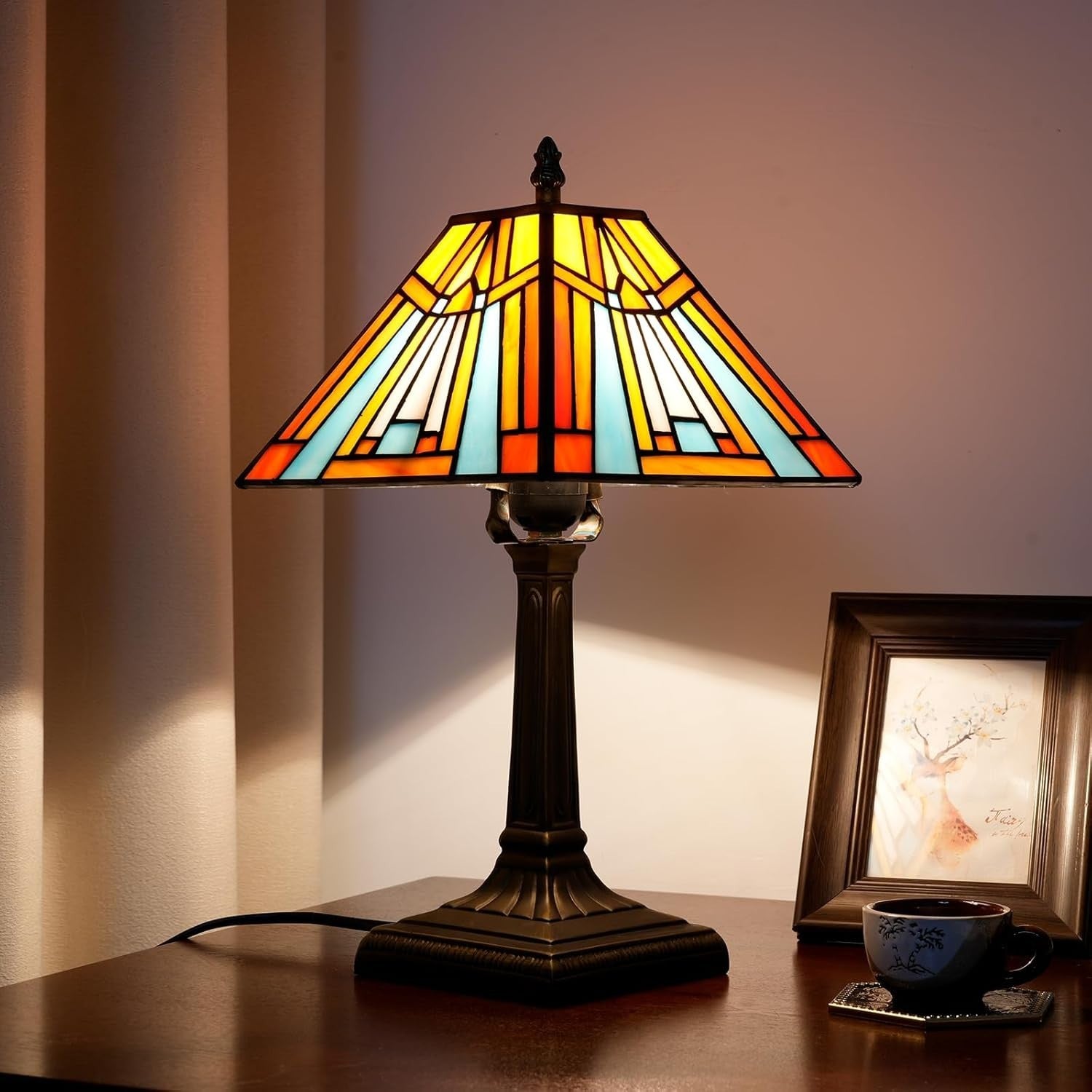 Amber Stained Glass Table Lamp Tiffany Style Bedside Light for Reading