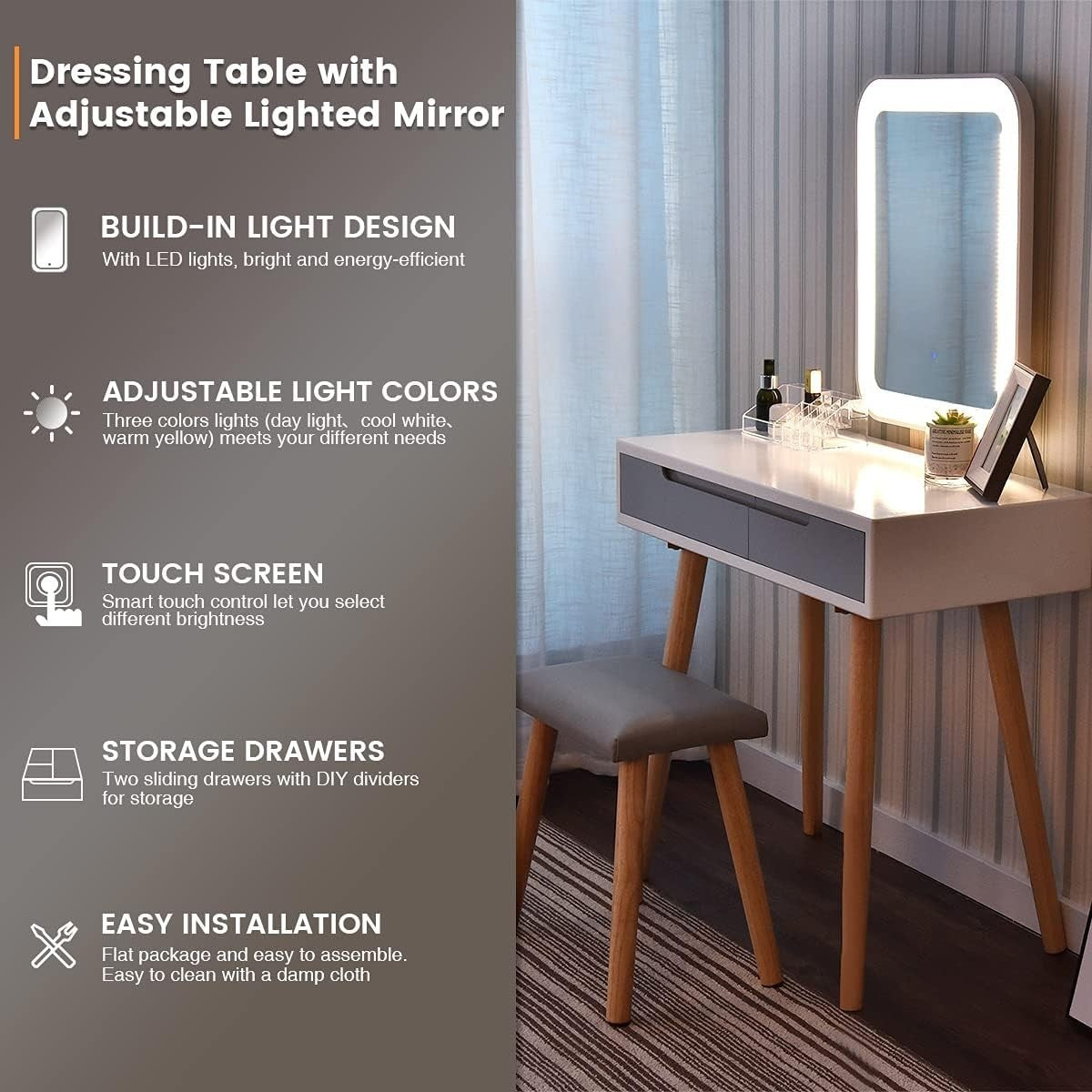White Modern Vanity Makeup Table Set Dresser LED Lighted Mirror & Stool 2 Drawer