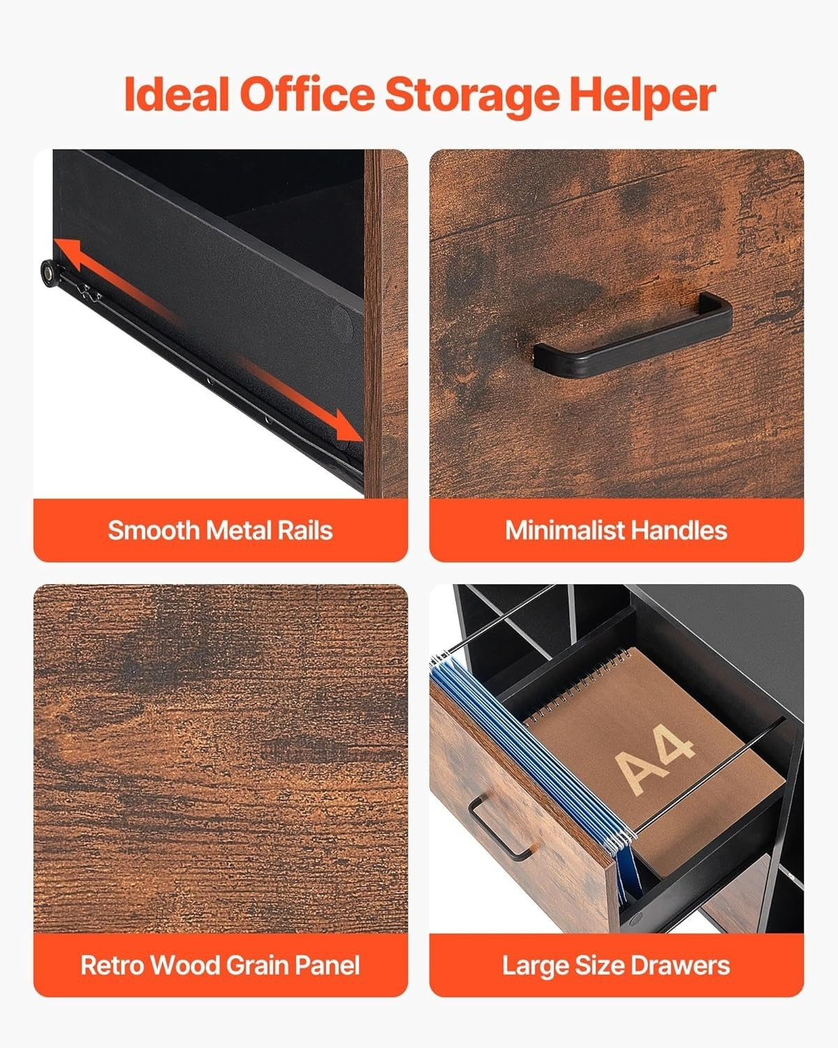 Mobile Wooden Filing Cabinet with Lockable Wheels & Storage Shelves