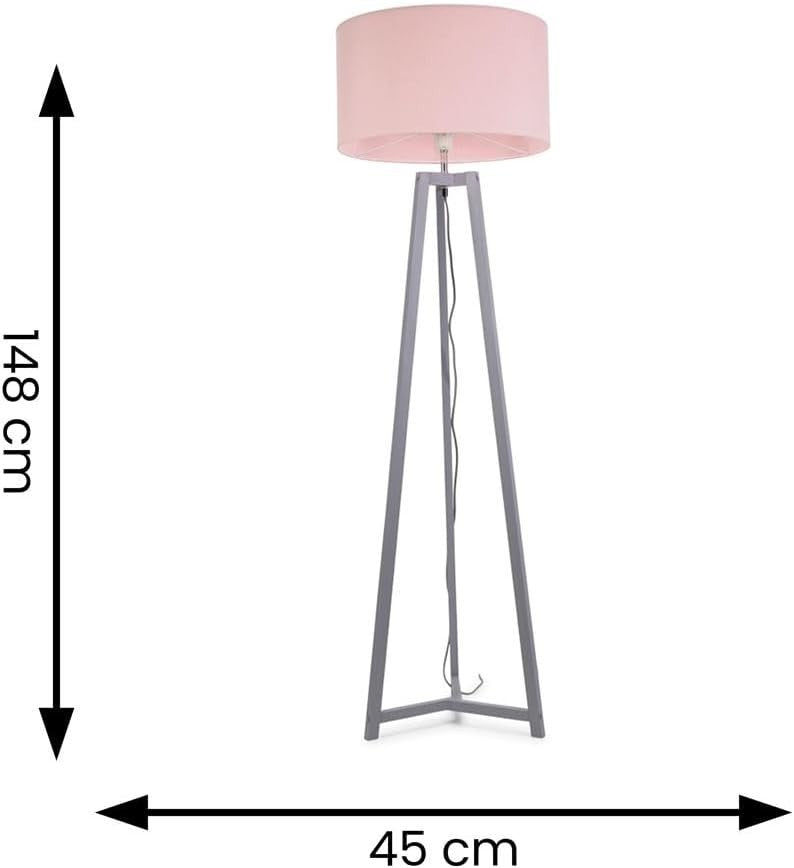 Grey Wooden Tripod Floor Lamp Blush Pink Drum Shade LED Light