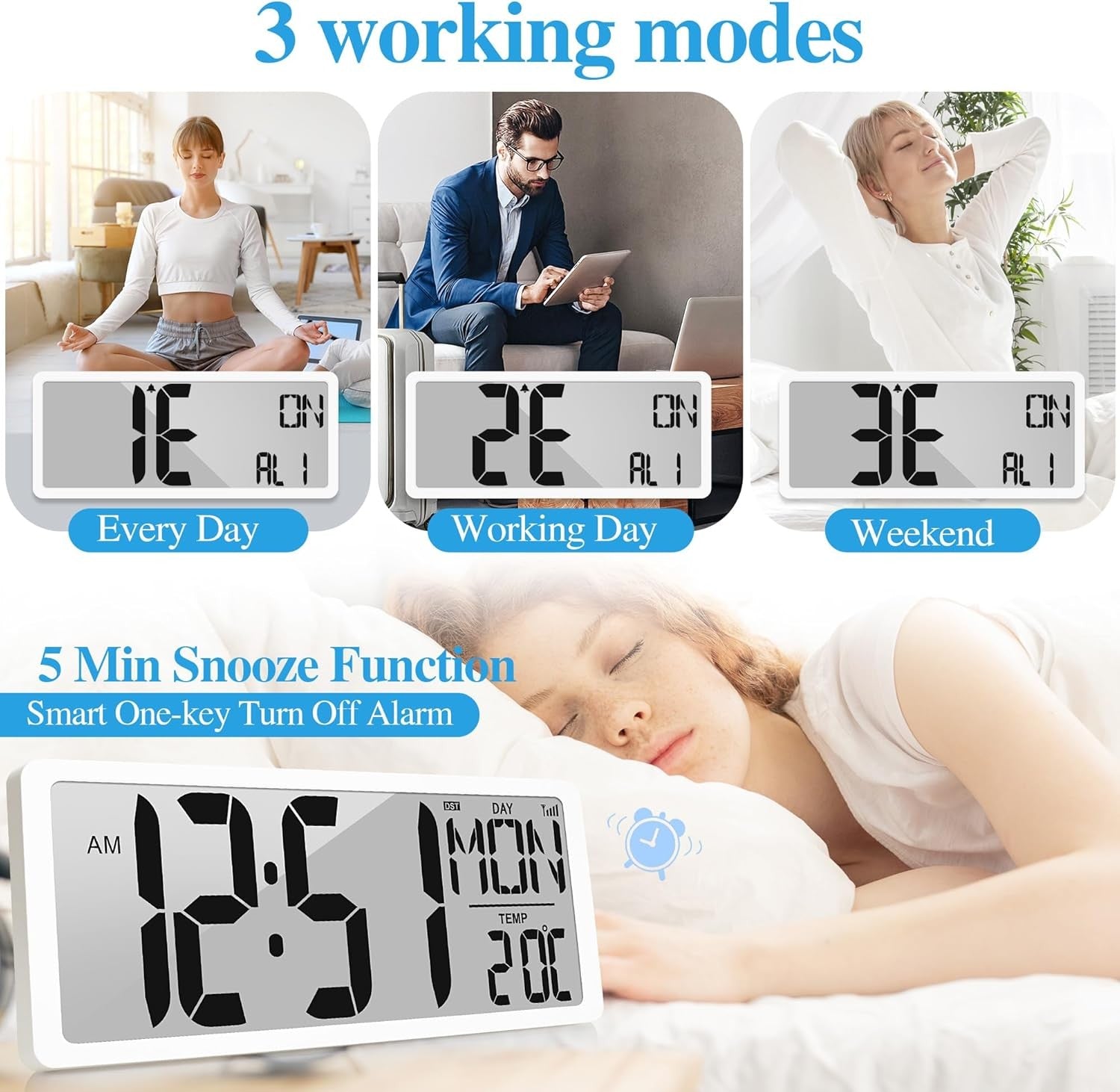 Atomic Digital Wall Clock 15'' Large Display Alarm Date Temperature Battery