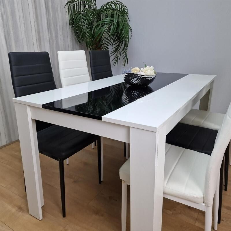 White Gloss Dining Table Set with 6 Faux Leather Chairs Modern Kitchen