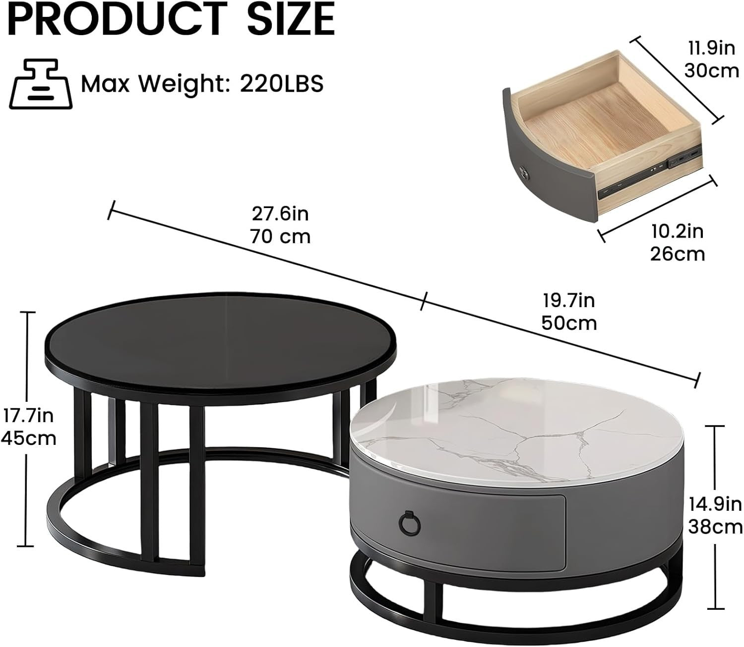 Luxury 2-in-1 Nesting Coffee Table Set with Drawer, Marble & Glass Top, Space