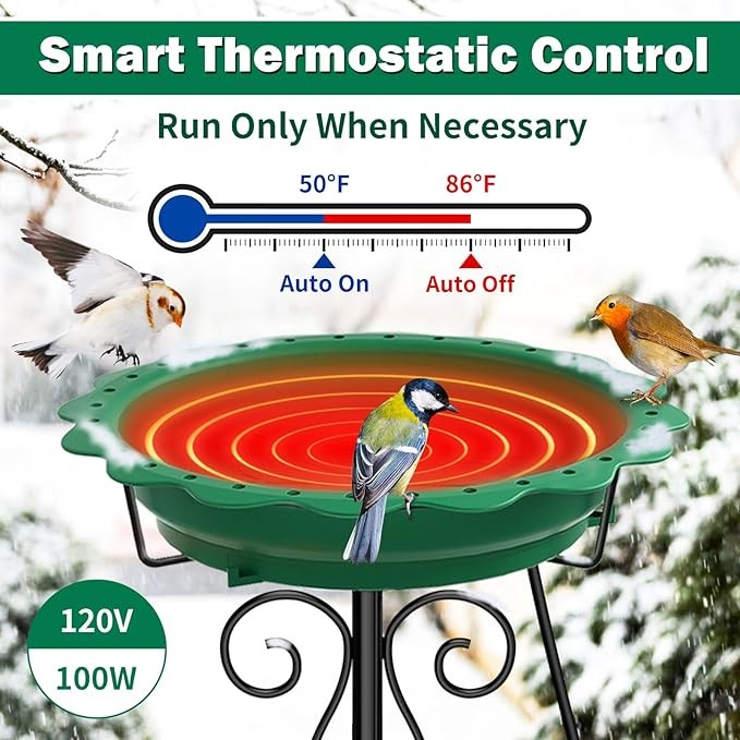 Heated Bird Bath with Metal Stand – 100W Thermostat Outdoor Water Feeder