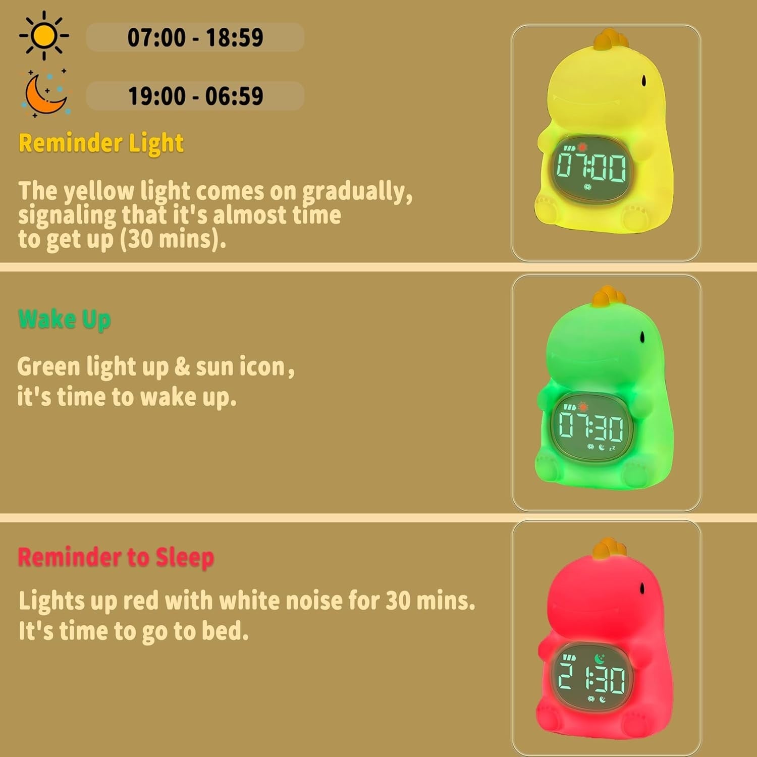 Kids Dinosaur Alarm Clock Night Light Sleep Trainer White Noise Table Lamp