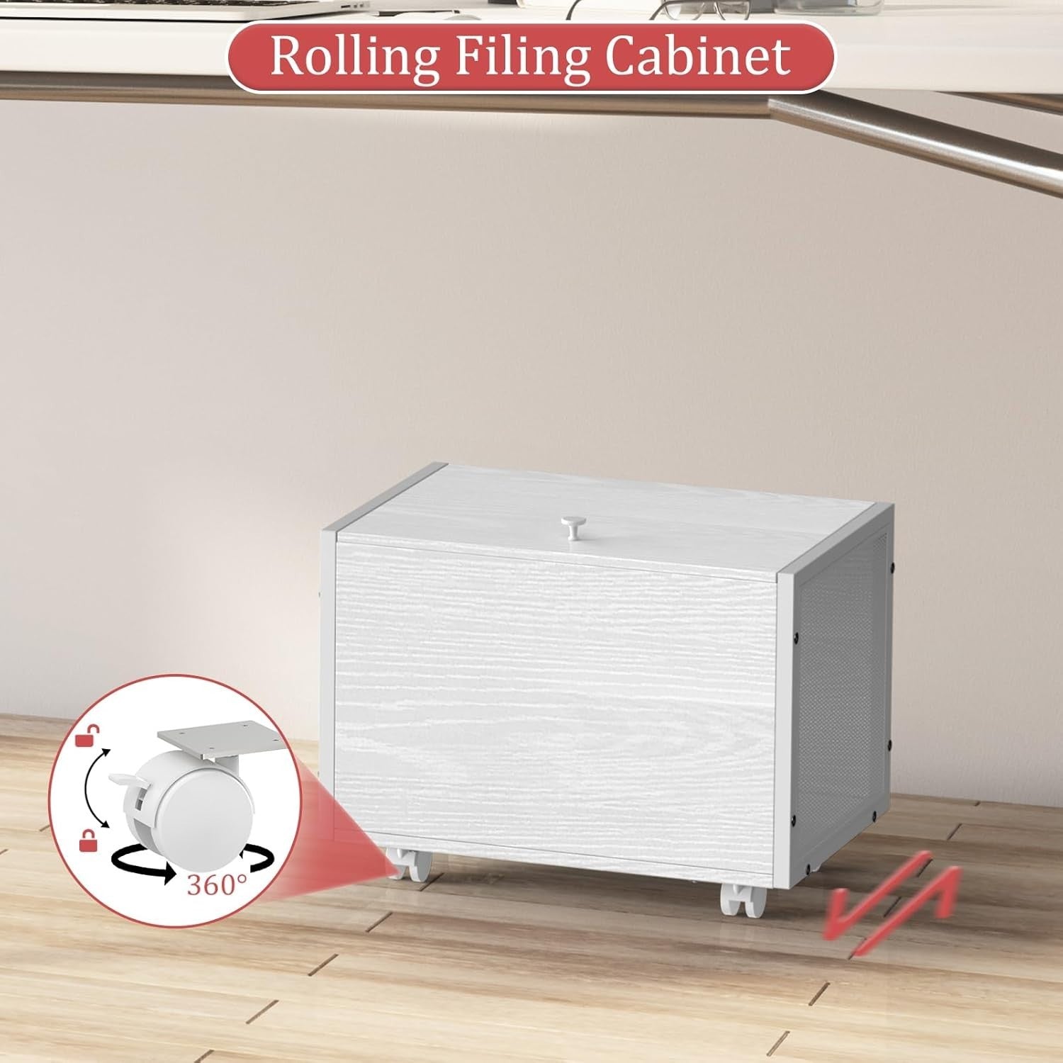 Rolling File Cabinet on Wheels Under Desk Storage Organizer Wooden White Home