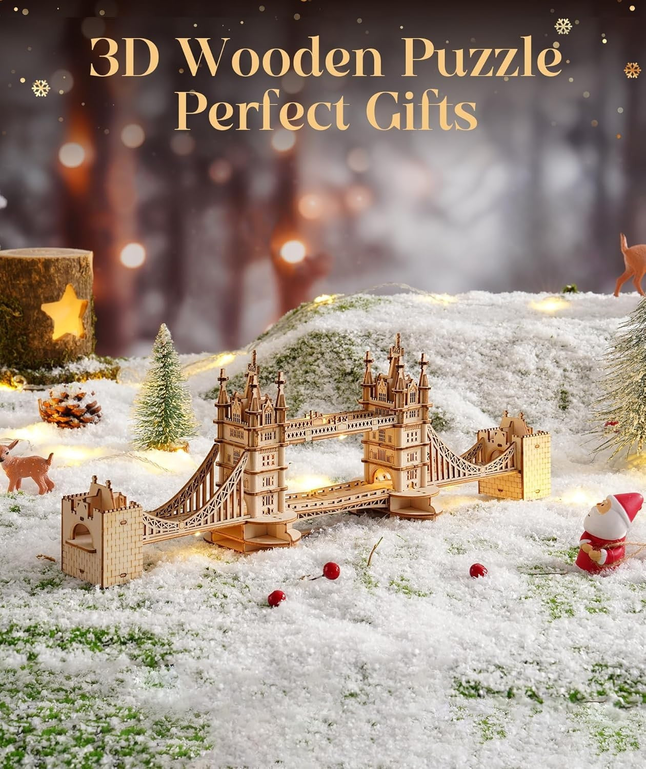 3D Wooden Tower Bridge Model Kit LED Light DIY Puzzle Gift for Adults