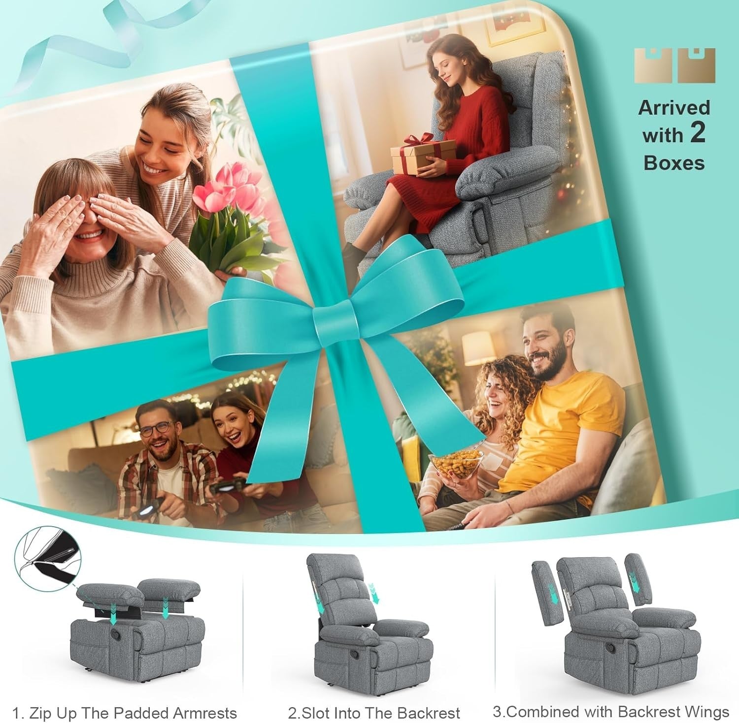 Grey Recliner Armchair Massage Heat Sofa Chair Adjustable Backrest Legrest