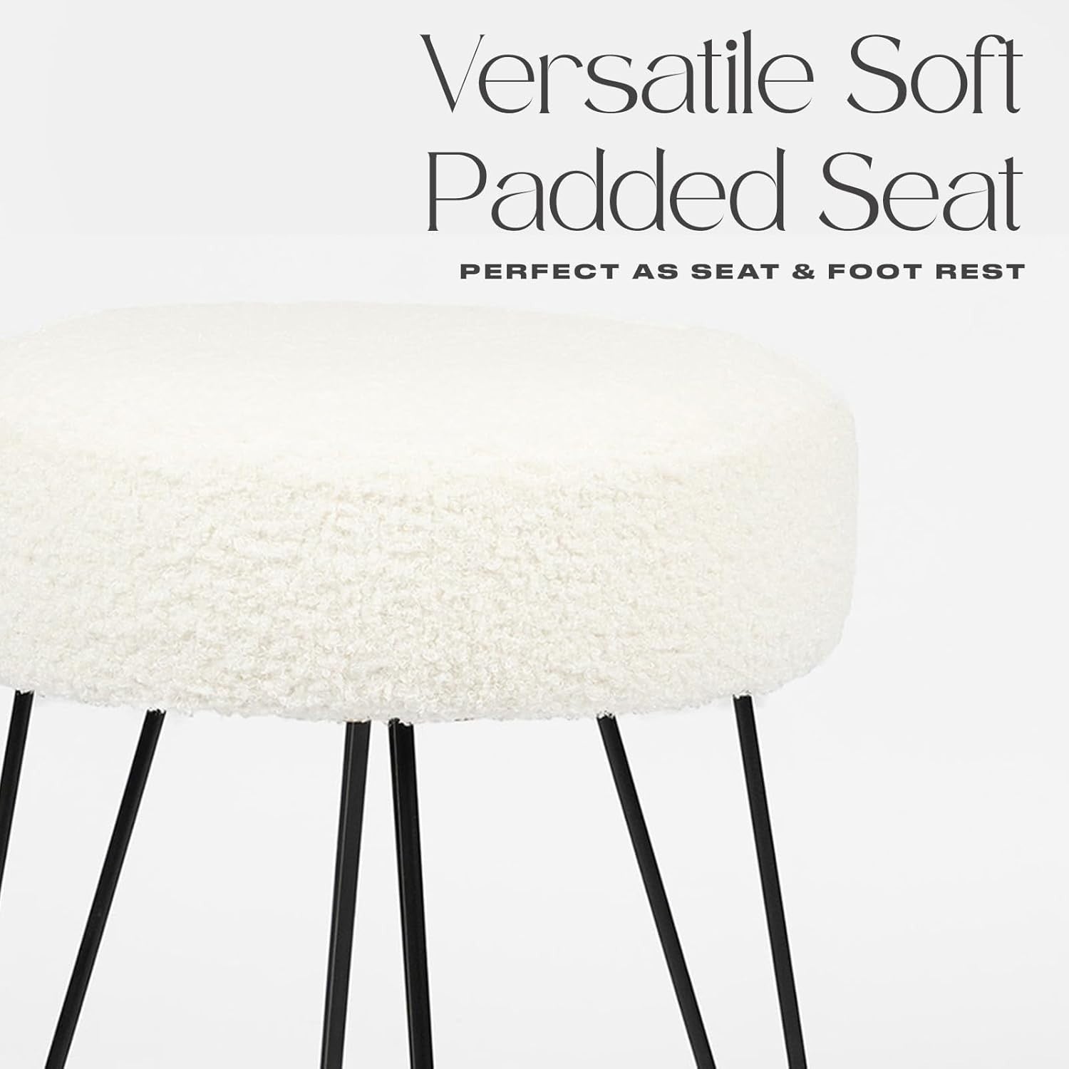 White Teddy Bouclé Round Stool Modern Padded Footrest Hairpin Leg Seat