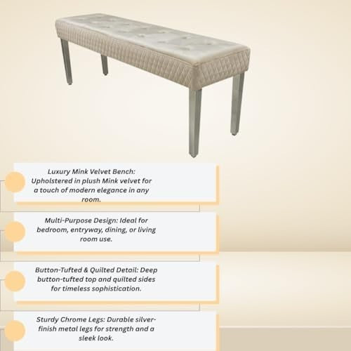 Luxury Mink Velvet 3-Seater Bench Modern Upholstered Dining & Entryway Seat