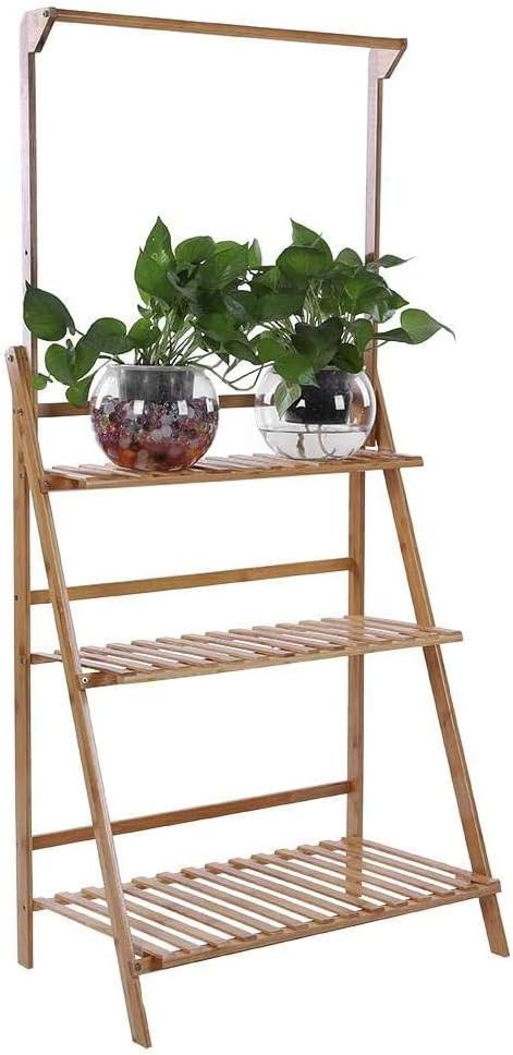 3 Tier Foldable Bamboo Plant Stand with Hanging Bar Indoor Outdoor Flower Shelf