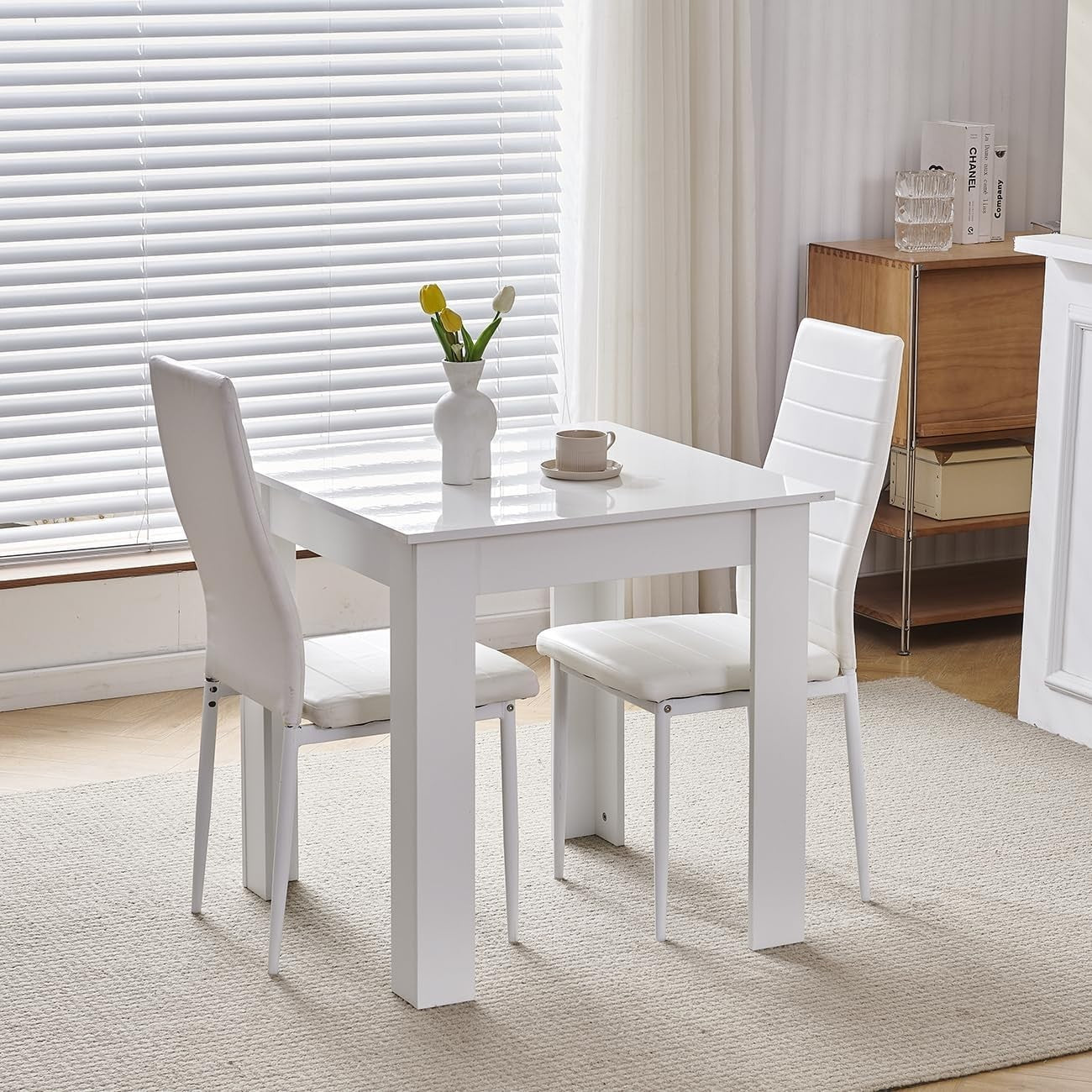 Space-Saving Modern White Dining Table & 2 PU Chairs Set for Small Rooms