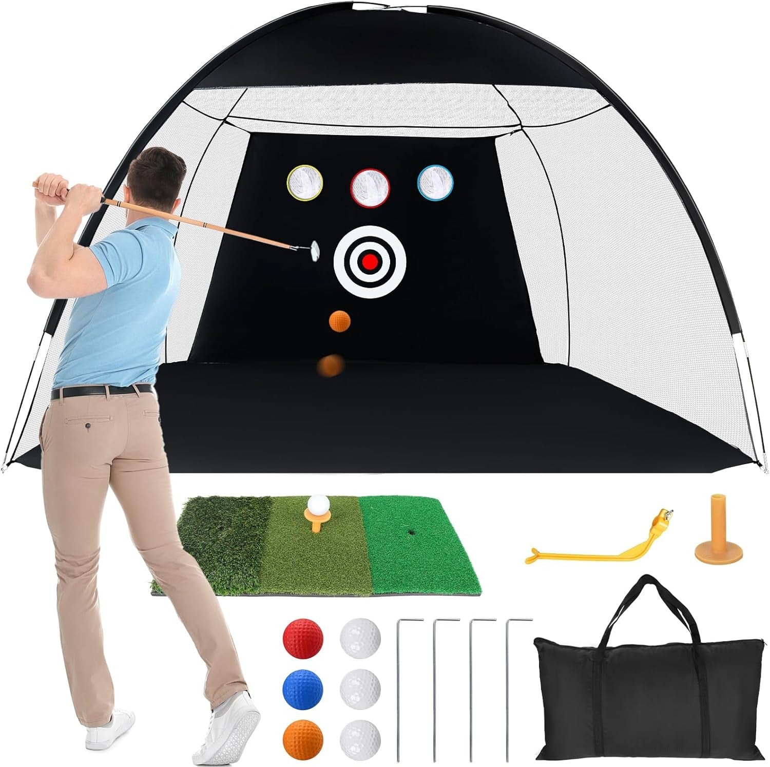 Golf Practice Net 10x7ft Garden Driving Cage with Mat & Balls Set