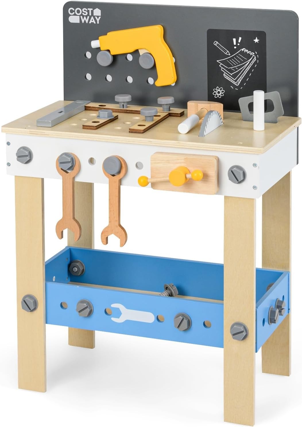 Wooden Kids Workbench Tool Bench w/ Pegboard Chalkboard Storage 51x28x72