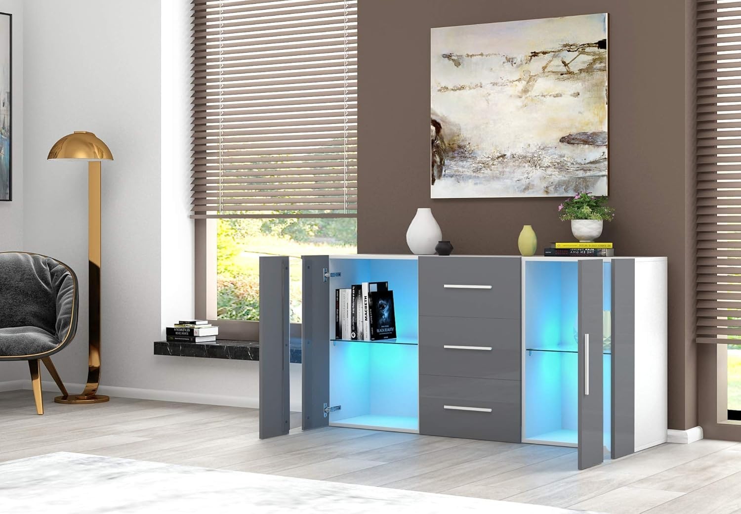 Grey LED Sideboard Cabinet Storage Unit RGB Glass 3 Drawer 2 Door Modern